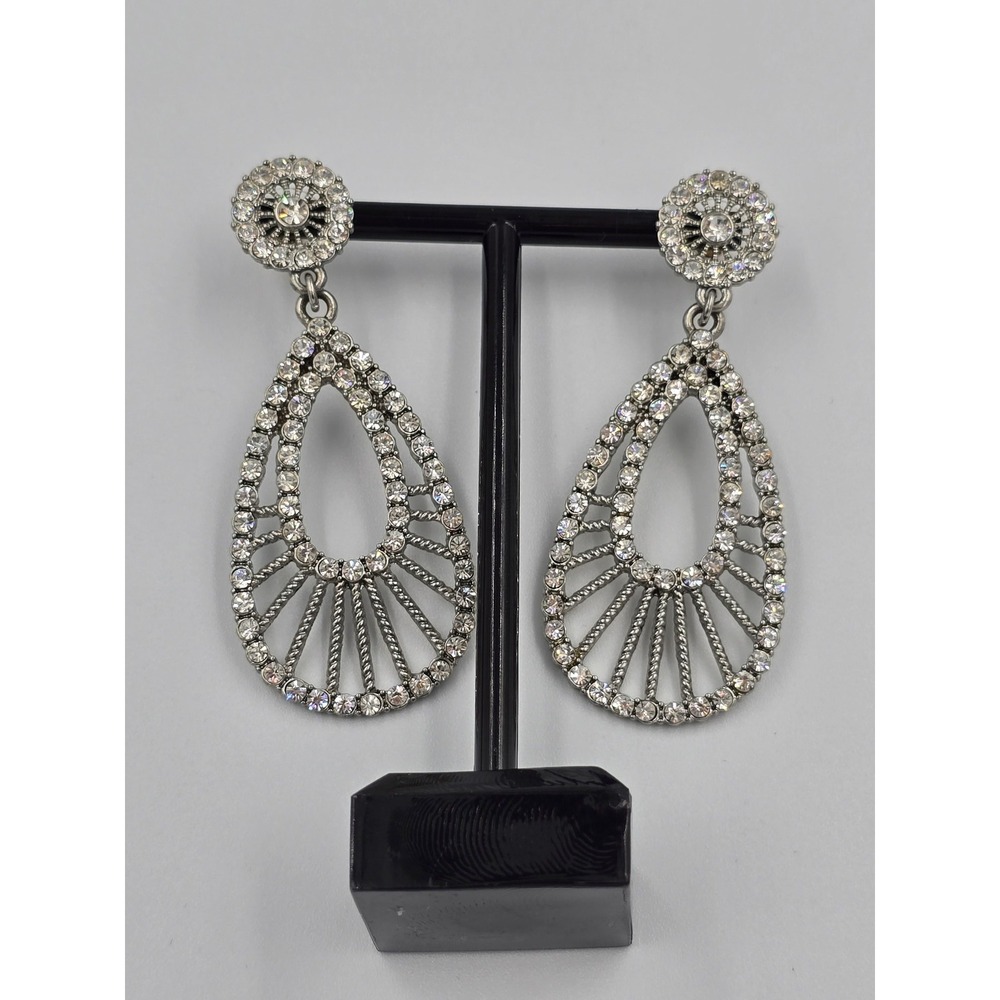 Sparkling Clear Rhinestone Dangle Earrings Silver Tone Teardrop Fashion Jewelry - Picture 8 of 16